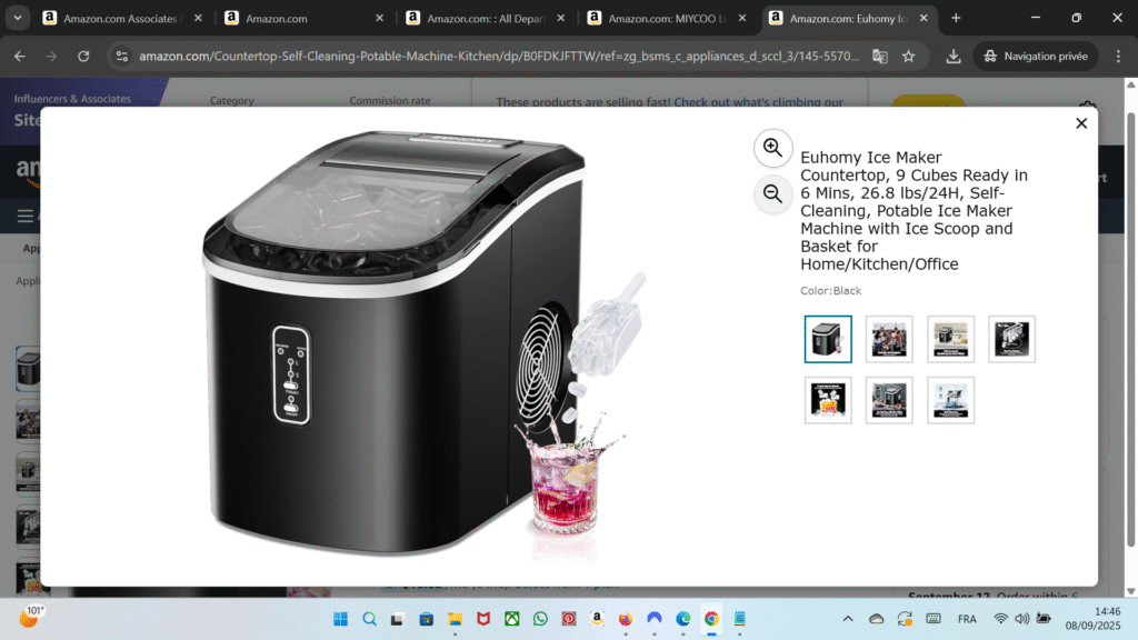 Euhomy Countertop Ice Maker – 9 Cubes in 6 Minutes, 26.8 lbs/24H, Self-Cleaning, Portable Ice Machine with Ice Basket & Scoop