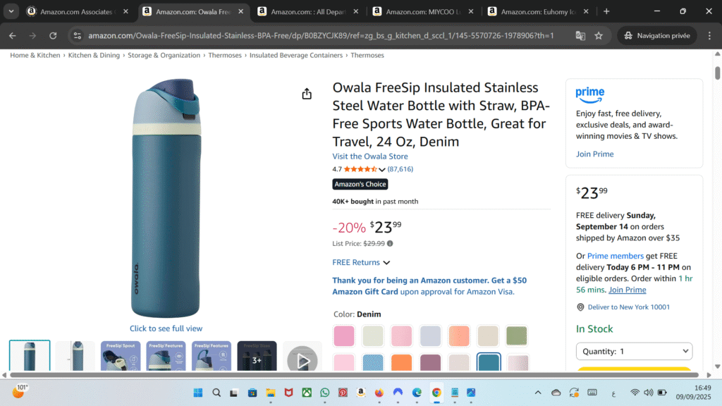 Owala FreeSip 24oz Insulated Stainless Steel Water Bottle with Straw, Push-Button Lid, BPA-Free