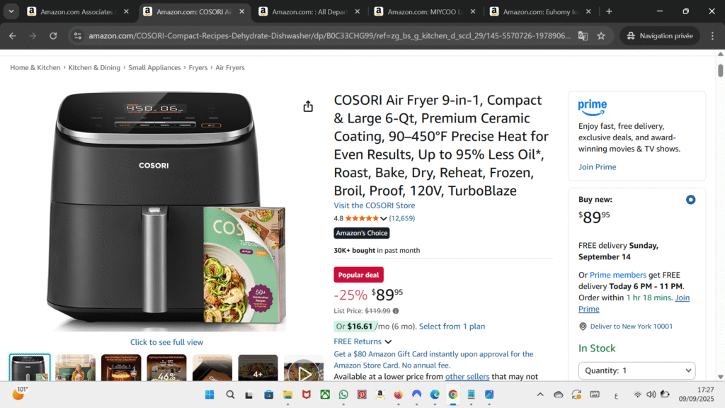COSORI 9-in-1 Air Fryer – 6-Quart Compact & Large Capacity, Premium Ceramic Coating, TurboBlaze Technology, Less Oil Cooking