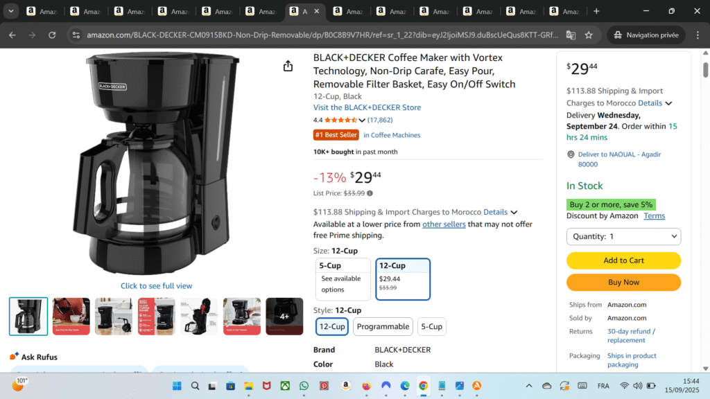 BLACK+DECKER Coffee Maker with Vortex Technology – Non-Drip Carafe, Easy Pour, Removable Filter Basket, 12-Cup Capacity