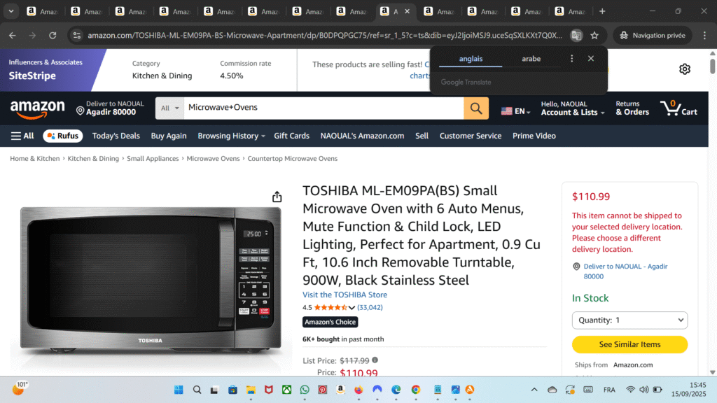 TOSHIBA ML-EM09PA(BS) 0.9 Cu Ft Microwave Oven – 900W, 6 Auto Menus, Mute Function, Child Lock, LED Lighting, Black Stainless Steel