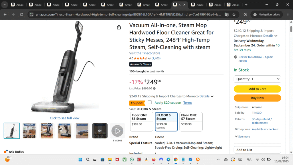 Tineco iFLOOR 5 Steam Wet Dry Vacuum – 3-in-1 Steam Mop & Floor Cleaner, 248°F High-Temp Steam, Self-Cleaning System