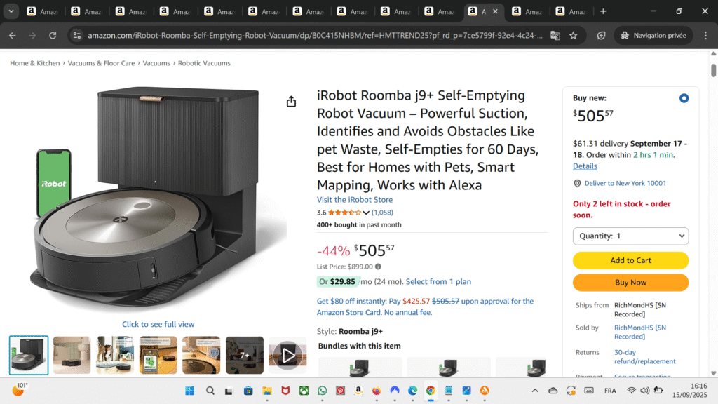 iRobot Roomba j9+ Self-Emptying Robot Vacuum – Smart Mapping, Powerful Suction, Obstacle Avoidance, Ideal for Homes with Pets, Works with Alexa