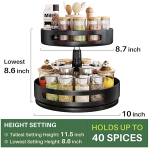Lazy Susan Organizer Spice Rack - 2 Tier Height Adjustable Spice Organization for Cabinet, Metal Seasoning Organizer Lazy Turntable Spice Organizer for Table Top Pantry Kitchen Storage (10 inch)