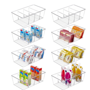 Vtopmart 8 Pack Food Storage Organizer Bins, Clear Plastic Bins for Pantry, Kitchen, Fridge, Cabinet Organization and Storage, 4 Compartment Holder for Packets, Snacks, Pouches, Spice Packets