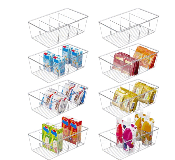 Vtopmart 8 Pack Food Storage Organizer Bins, Clear Plastic Bins for Pantry, Kitchen, Fridge, Cabinet Organization and Storage, 4 Compartment Holder for Packets, Snacks, Pouches, Spice Packets