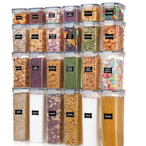 Airtight Food Storage Containers with Lids, Vtopmart 24 pcs Plastic Kitchen and Pantry Organization Canisters for Cereal, Dry Food, Flour and Sugar, BPA Free, Includes 24 Labels，Black
