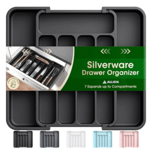 Aujen Silverware Organizer - Expandable Kitchen Drawer Organizer, Adjustable Utensil Organizer, Cutlery Tray for Forks, Knives, Multipurpose Kitchen Organizers and Storage Solution, Black, Medium