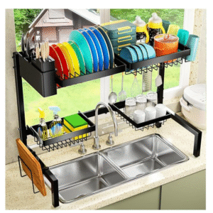 YKLSLH 4 Baskets Over The Sink Dish Drying Rack, Extendable Large Capacity Sink Rack, Metal Drying Rack Saving Space,for Most Sinks (24.8 "-35.4")