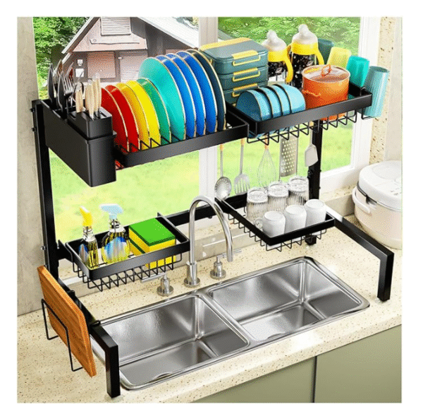 YKLSLH 4 Baskets Over The Sink Dish Drying Rack, Extendable Large Capacity Sink Rack, Metal Drying Rack Saving Space,for Most Sinks (24.8 "-35.4")