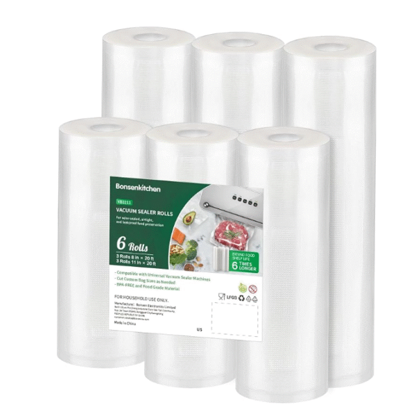 Bonsenkitchen Vacuum Sealer Rolls Bags, 6 Pack 3 Rolls 11" x 20' + 3 Rolls 8" x 20' Commercial Grade BPA Free Bag Rolls, Durable Customized Size Food Vac Bags for Storage and Sous Vide Cooking VB3211