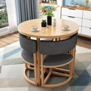 wooden round dining table with upholstered chairs